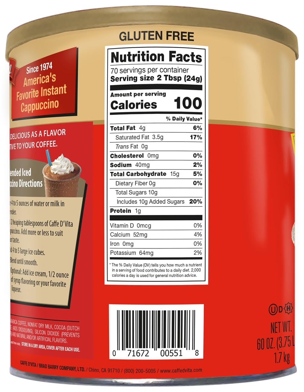 Caffe DVita Mocha Cappuccino Mix, Instant Gluten-Free Powder, 60oz Can