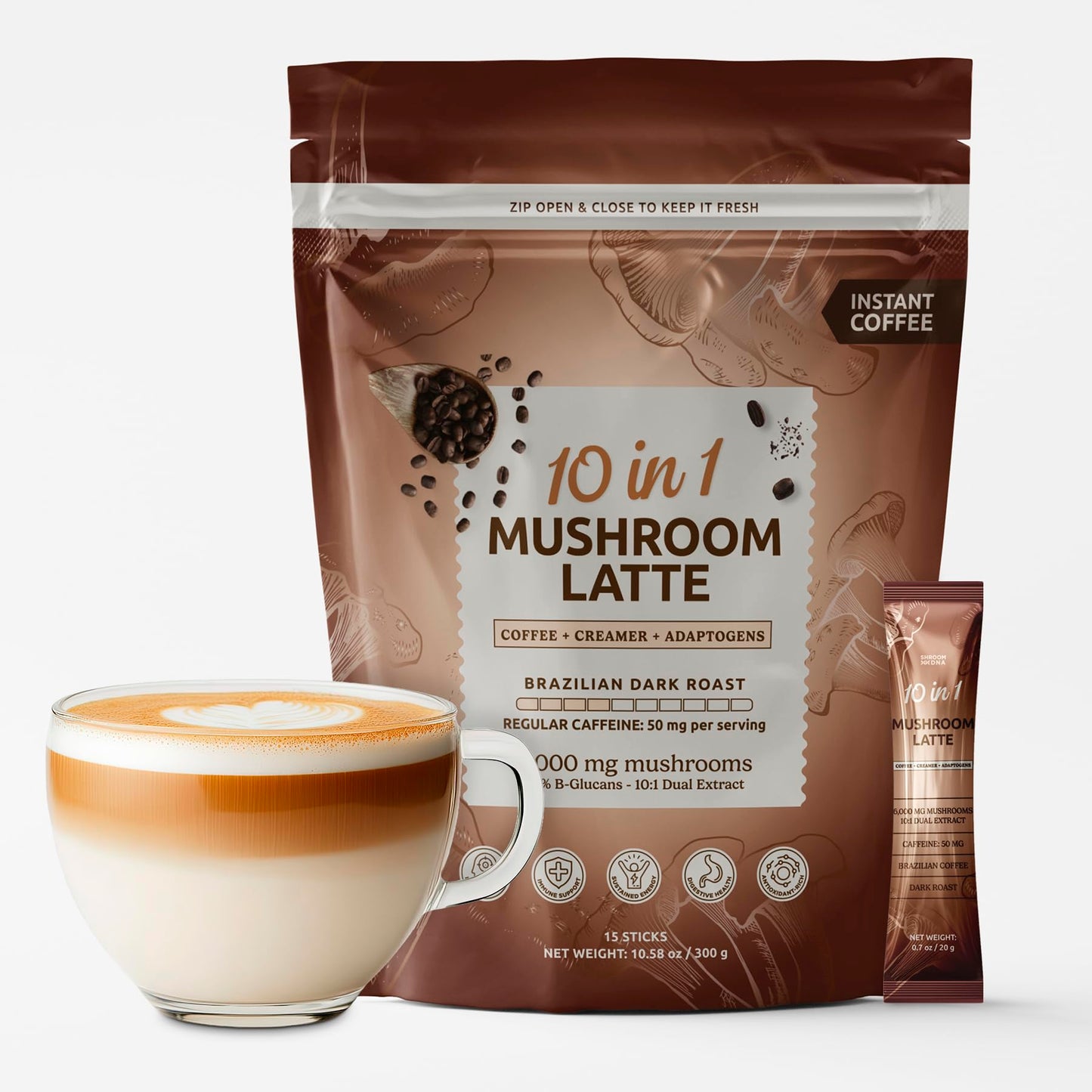 MATCHA DNA 10-in-1 Instant Mushroom Coffee Latte with Lions Mane, Reishi, Chaga - 10.58 Ounce, 15 Packets - Serve Hot or Iced