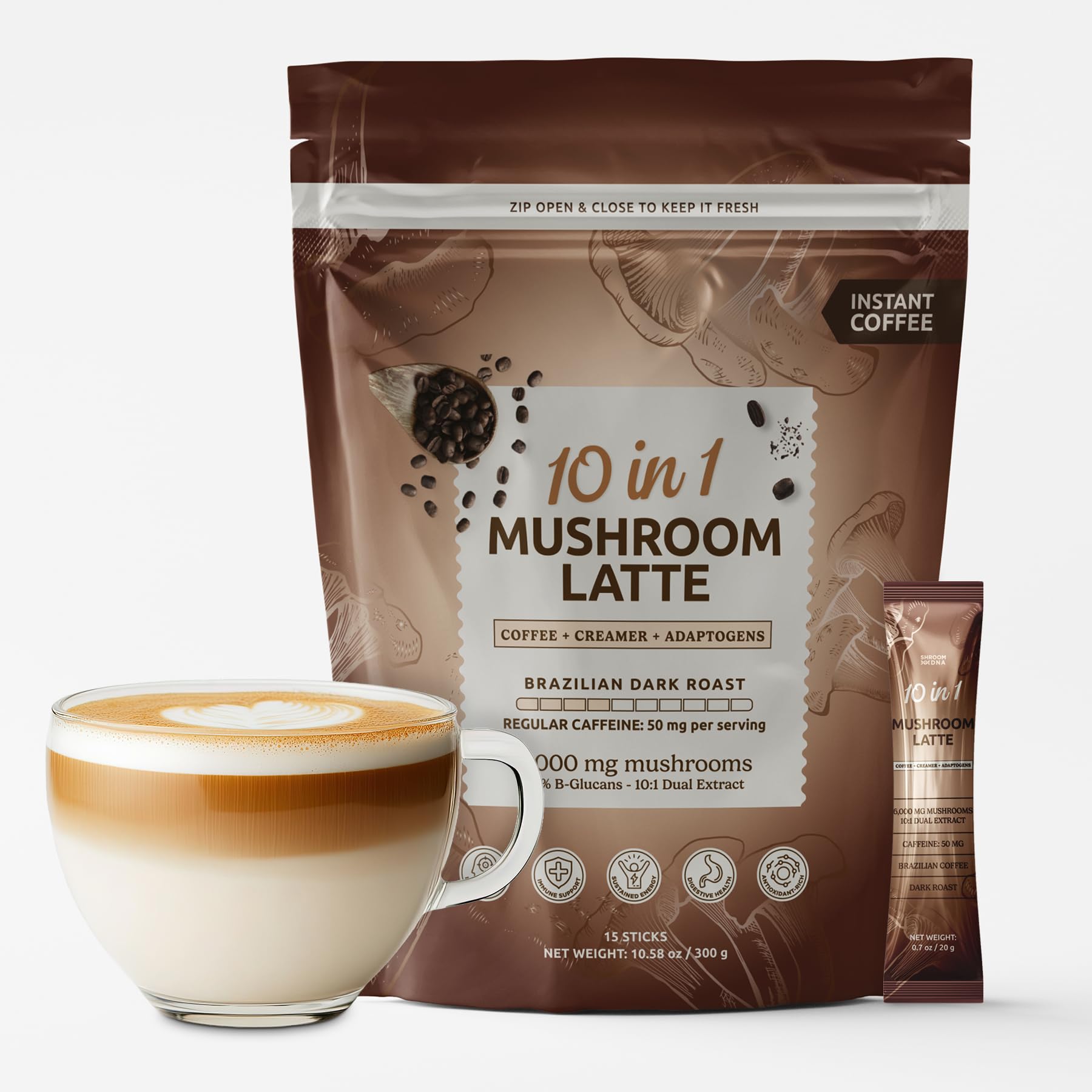 MATCHA DNA 10-in-1 Instant Mushroom Coffee Latte with Lions Mane, Reishi, Chaga - 10.58 Ounce, 15 Packets - Serve Hot or Iced