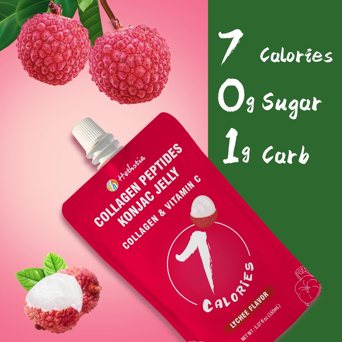 Hethstia Konjac Jelly Squeeze Pouch Lychee Flavor, 10 Packs, 7 Calories, Sugar Free, Gluten Free, Keto, Collagen Peptides, Vitam
