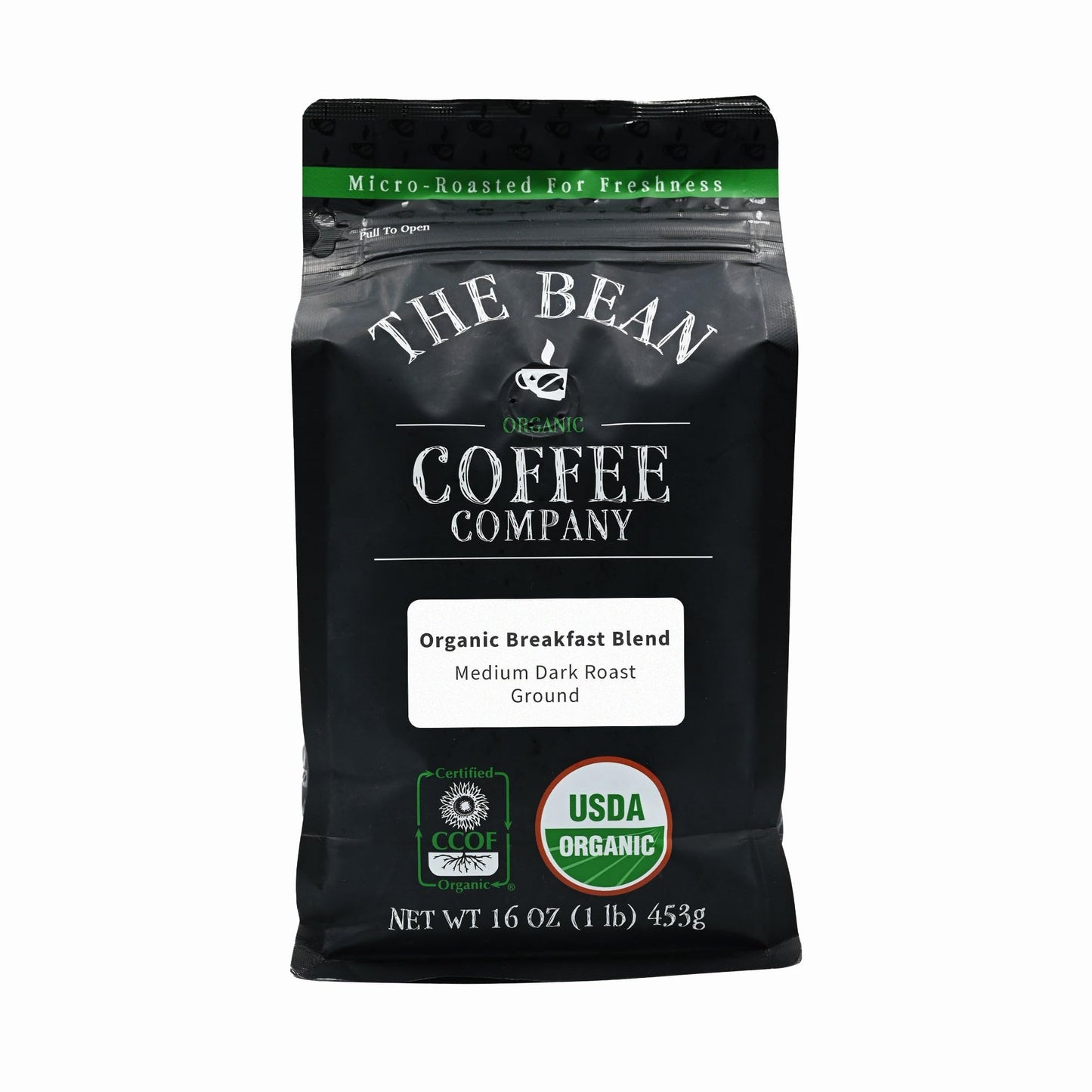 The Bean Organic Coffee Company Breakfast Blend, Medium Dark Roast, Ground Coffee, 16-Ounce Bag, Caf   molido tostado org  nico