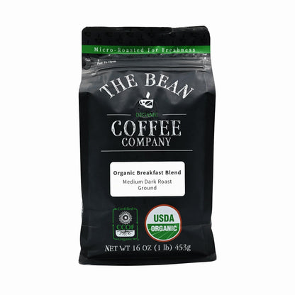 The Bean Organic Coffee Company Breakfast Blend, Medium Dark Roast, Ground Coffee, 16-Ounce Bag, Caf   molido tostado org  nico