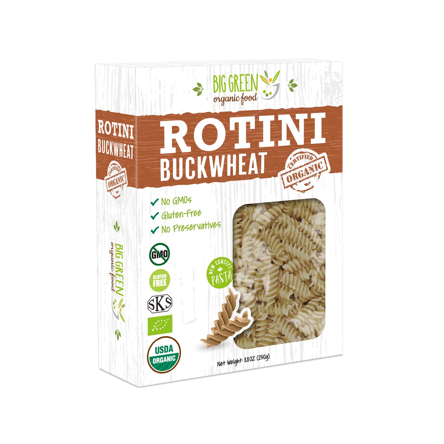 Big Green Organic Food- Organic Buckwheat Rotini, 8.8Oz, 100% Buckwheat, Gluten-Free, Non-Gmo, Vegan (1)