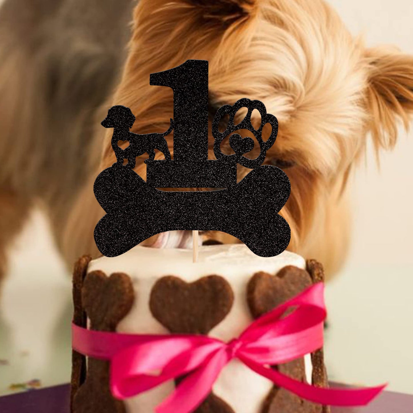 1 Pcs 1St Birthday Cake Topper Black Glitter Dog Paw One Year Old Birthday Puppy Dog Bone Cake Pick For Let'S Pawty Baby Shower
