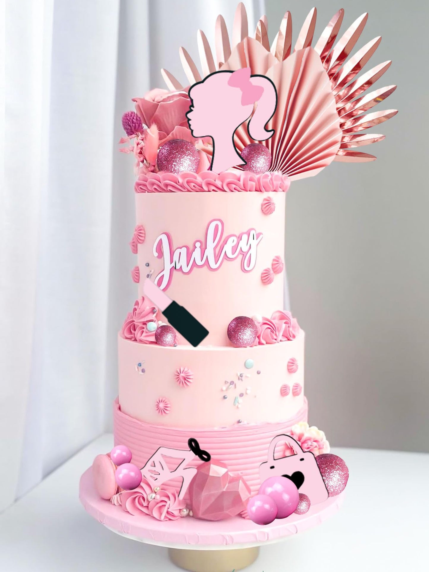 Jevenis Luxury Hot Pink Girl Cake Decoration Pink Girls Birthday Decoration Pink Balls Palm Leaves Heels Lipstick Bags Cake Topp