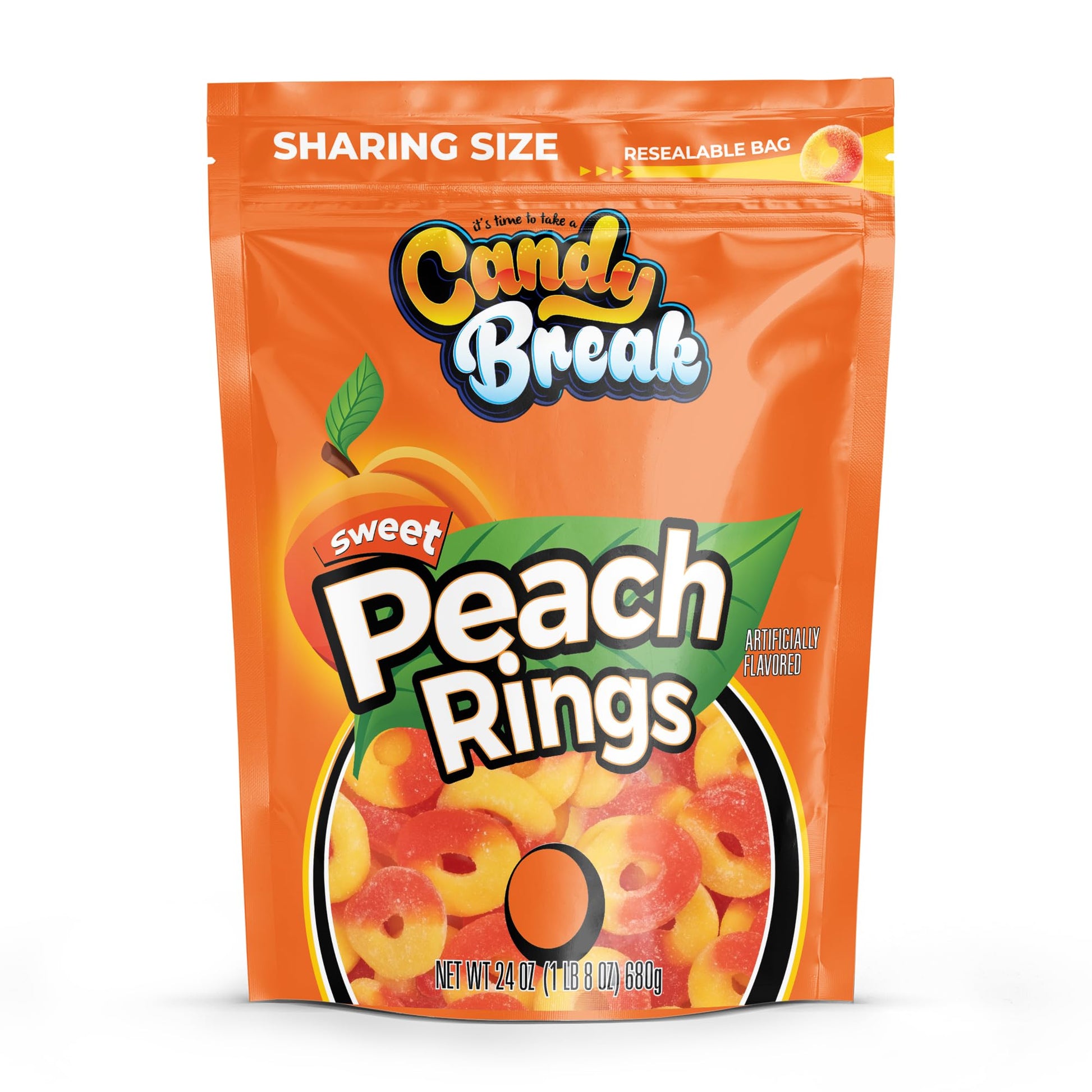 Candy Break Fruity Peach Rings 24 Oz Share Size Bag - Sweet & Chewy Gummies Bulk Candy Pack - Snacks for Kids & Grown Ups