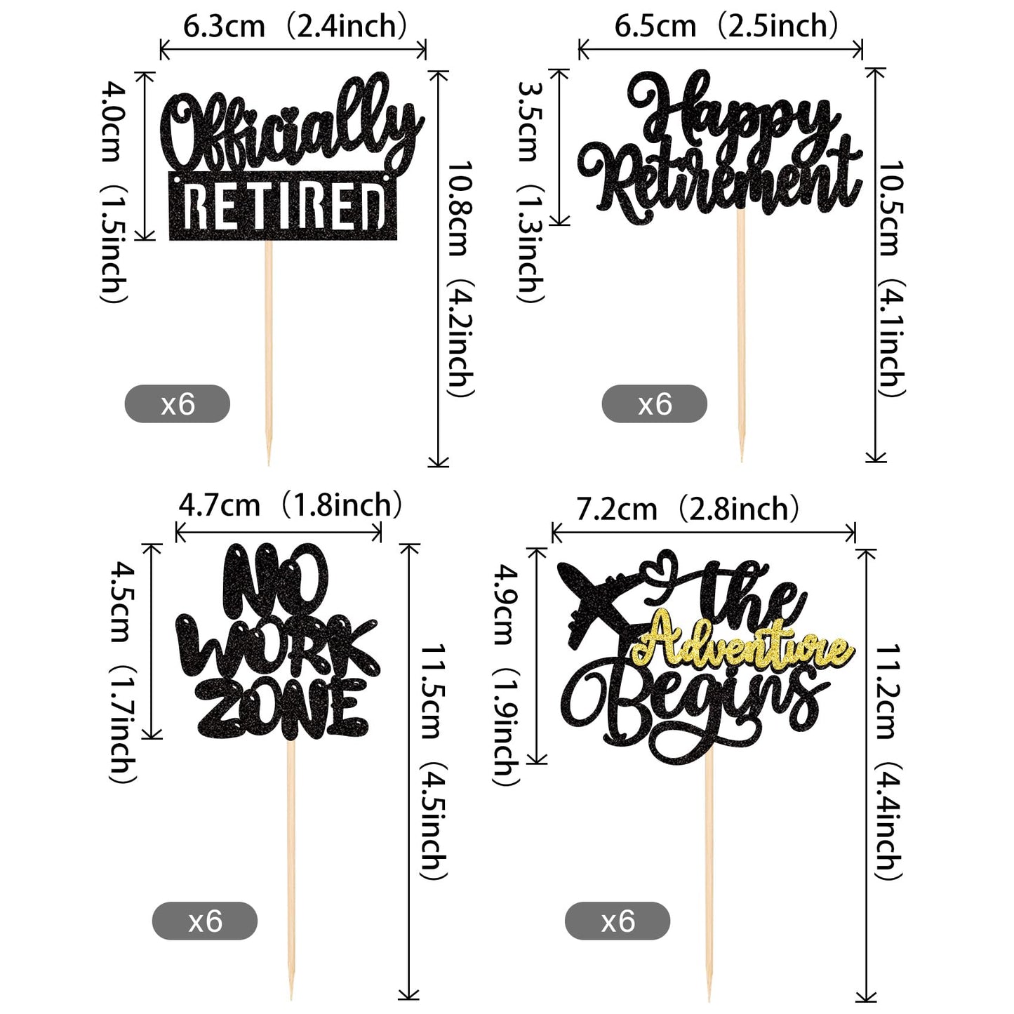 Rssta i Cupcake Toppers, Happy Retirement, Glitter, Paper, 2.4-4.5 inches, Design 3 Black, Party Decorations, 24 Pack
