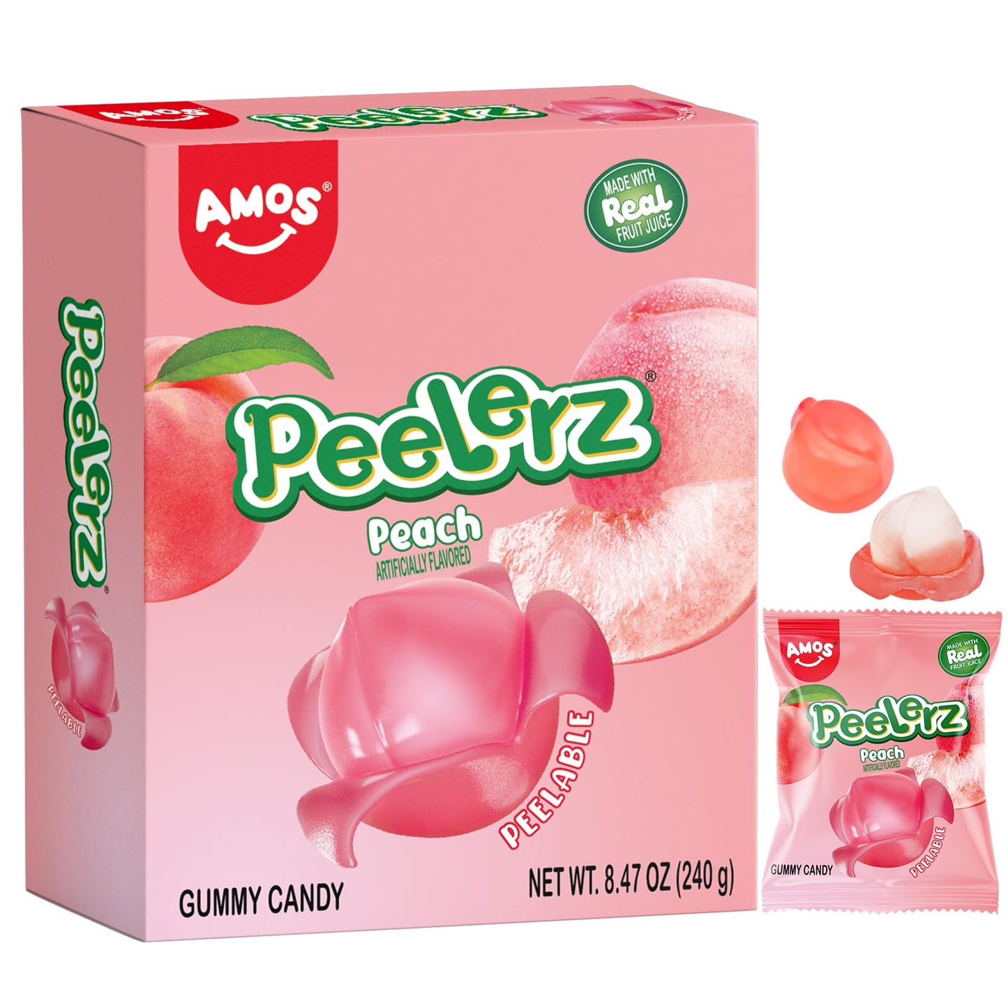 Amos Gummy Peach Candy, Peelable Fruit-Shaped Snack, 8.47oz Box with 10 Packs