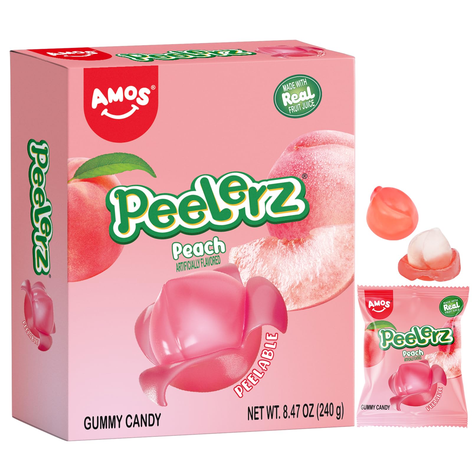 Amos Gummy Peach Candy, Peelable Fruit-Shaped Snack, 8.47oz Box with 10 Packs