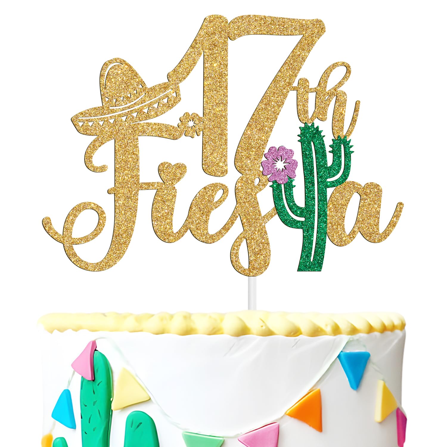 Tivurcia Fiesta 17th Cake Topper, Gold Tropical Hawaiian Theme Decoration