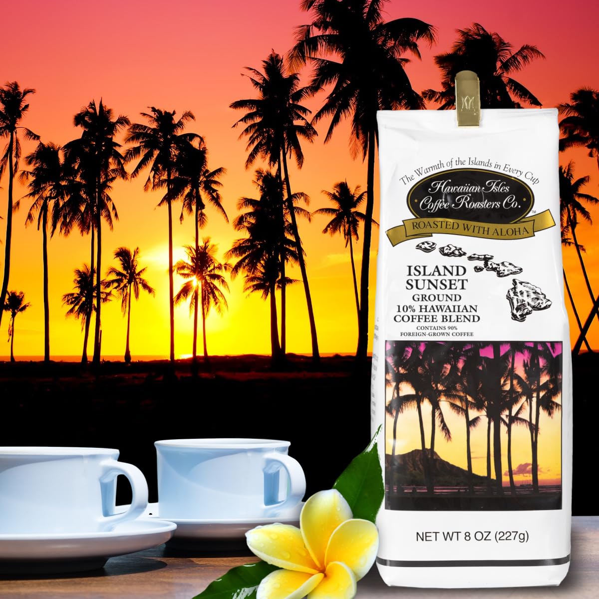 Hawaiian Isles Coffee Island Sunset, Dark Roast Ground Coffee,10% Hawaiian Coffee Blend, Roasted With Aloha - 8 Ounce Bag