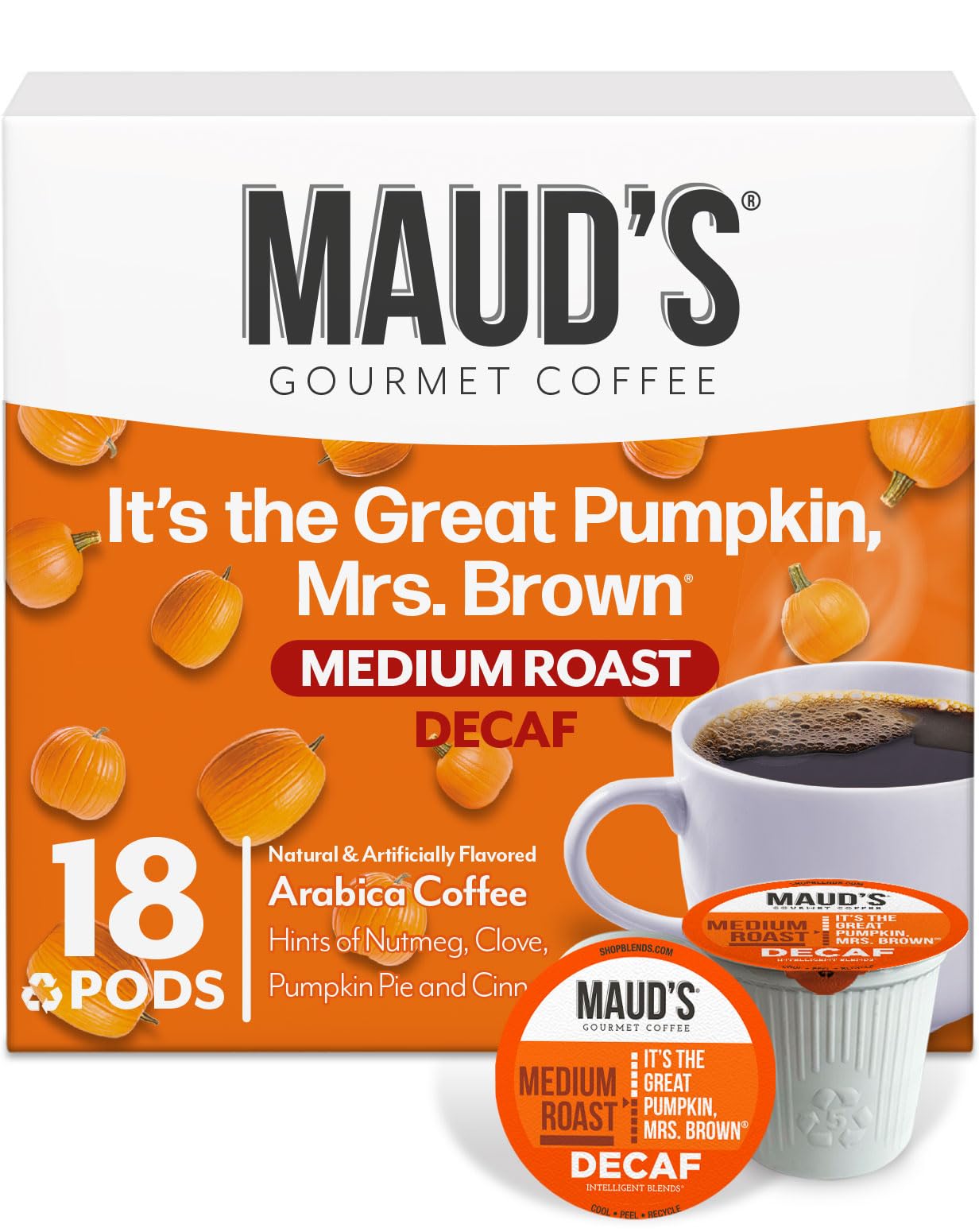 Mauds Decaf Pumpkin Spice Flavored Coffee Pods, 18 ct, Medium Roast Flavored Coffee in Recyclable Single Serve Pods - 100% Arab