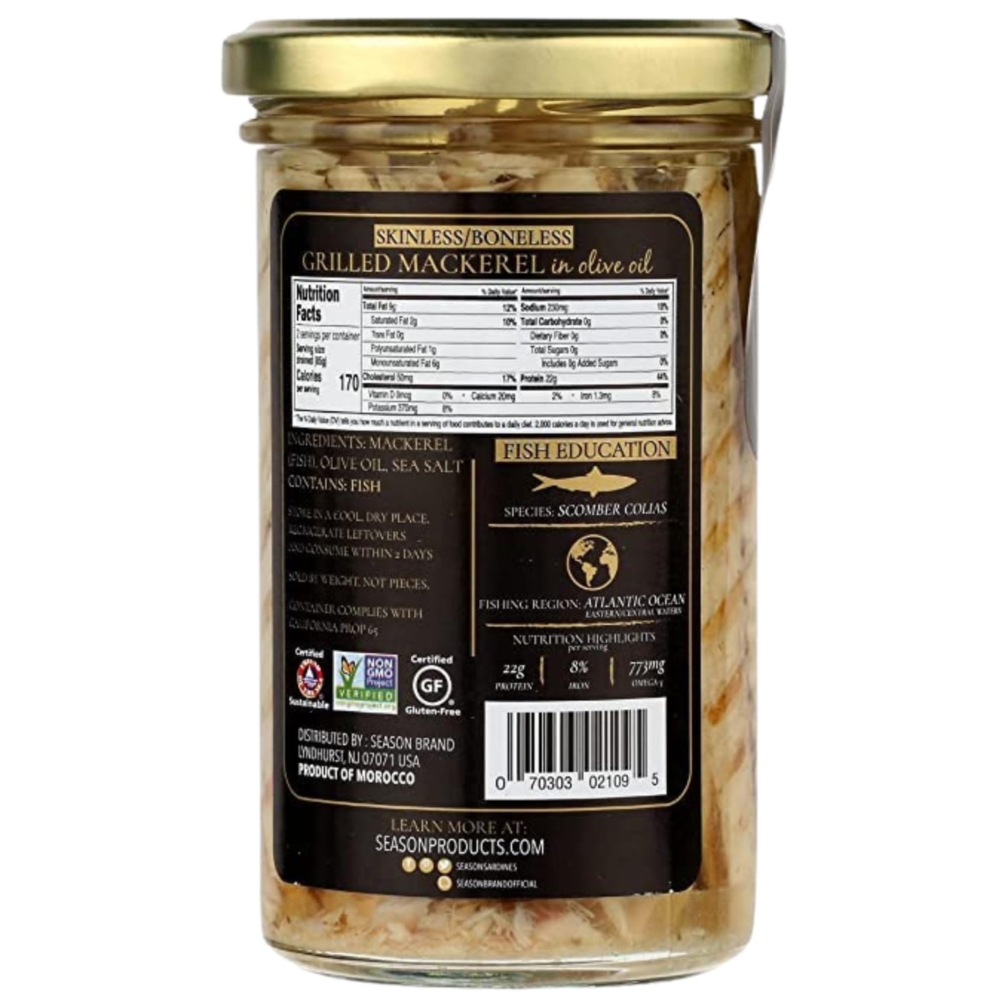SEASON Grilled Mackerel Fillets in Olive Oil, Wild Caught, Skinless & Boneless, 22g Protein, 9.17 Oz Glass Jar