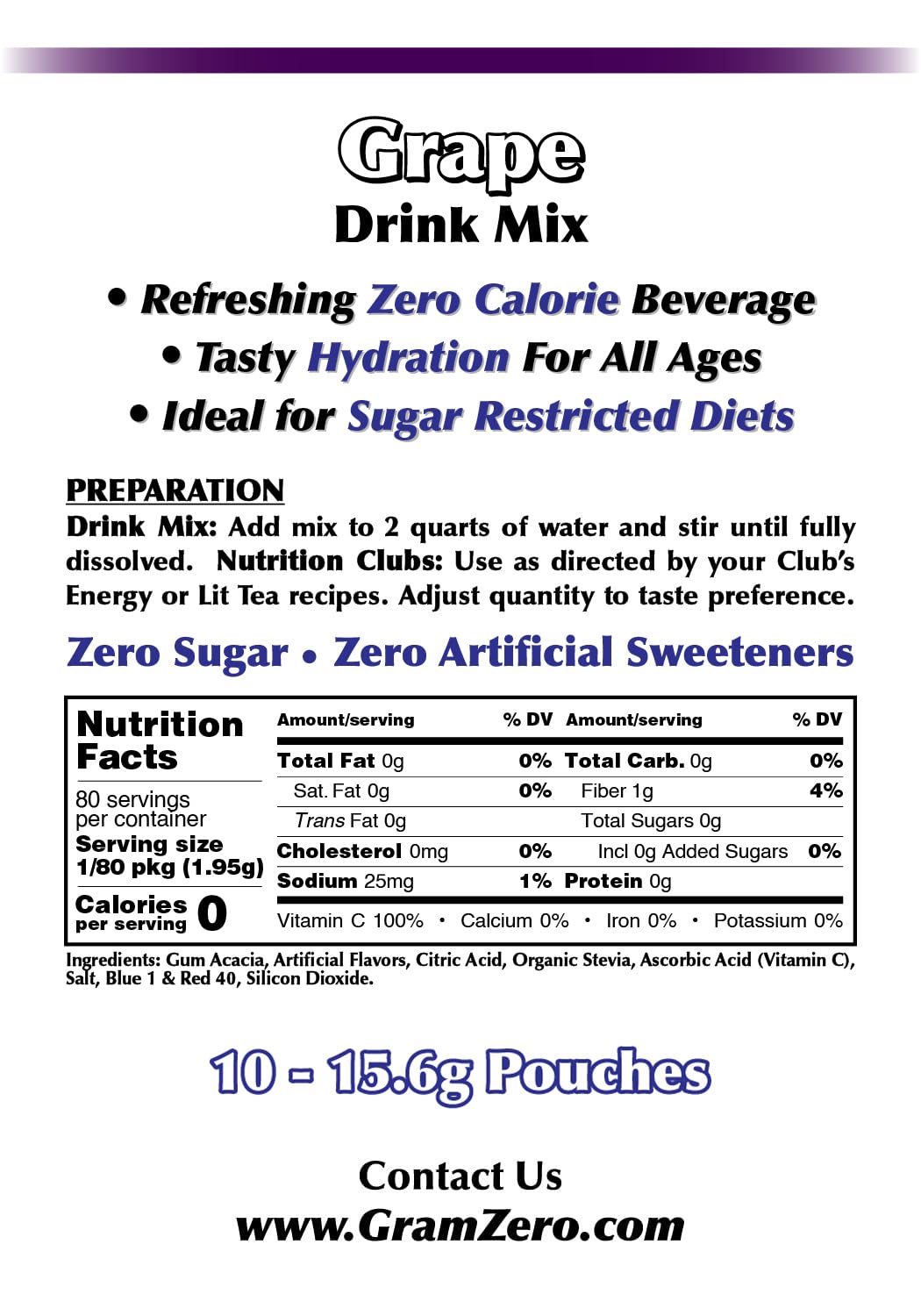 Gramzero Grape, Sugar Free Drink Mix, Pitcher Pack, Great For Nutrition Club Loaded Tea, Zero Calorie, Stevia Sweetened
