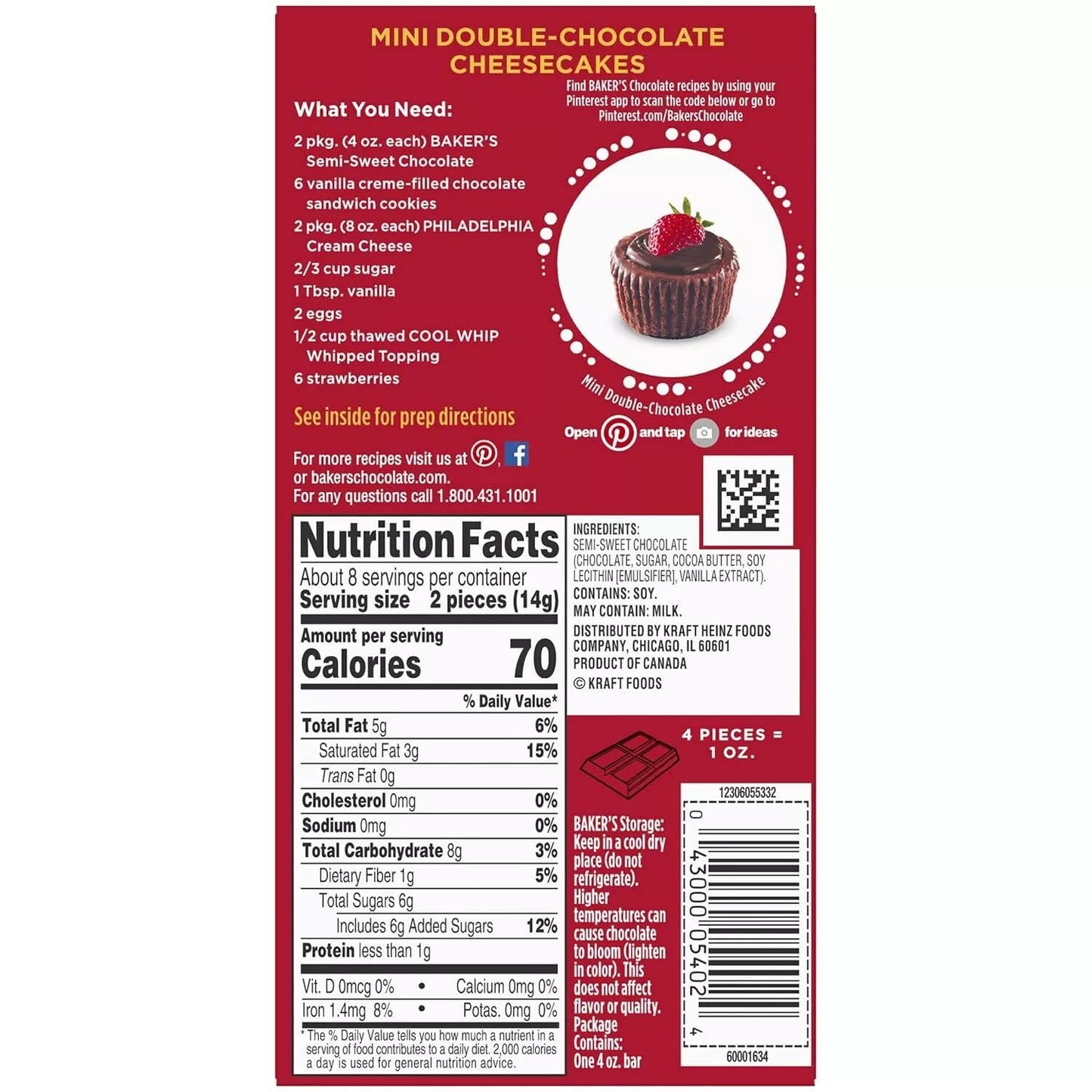 Baker'S, Semi Sweet Baking Chocolate Squares, 4Oz Box (Pack Of 4)