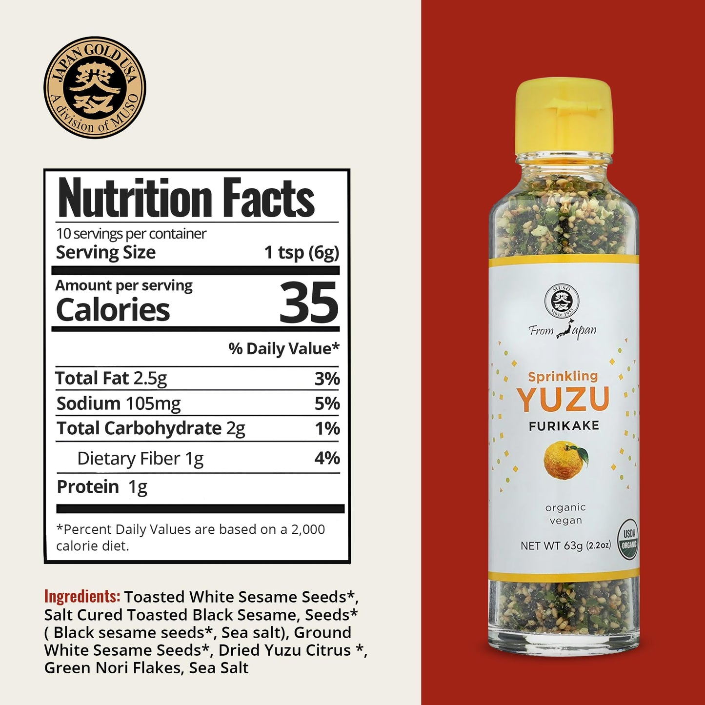 Muso From Japan Sprinkling Yuzu Furikake, No Additives, Vegan Friendly, USDA Certified Organic, 2.2 Ounce (Pack of 6)