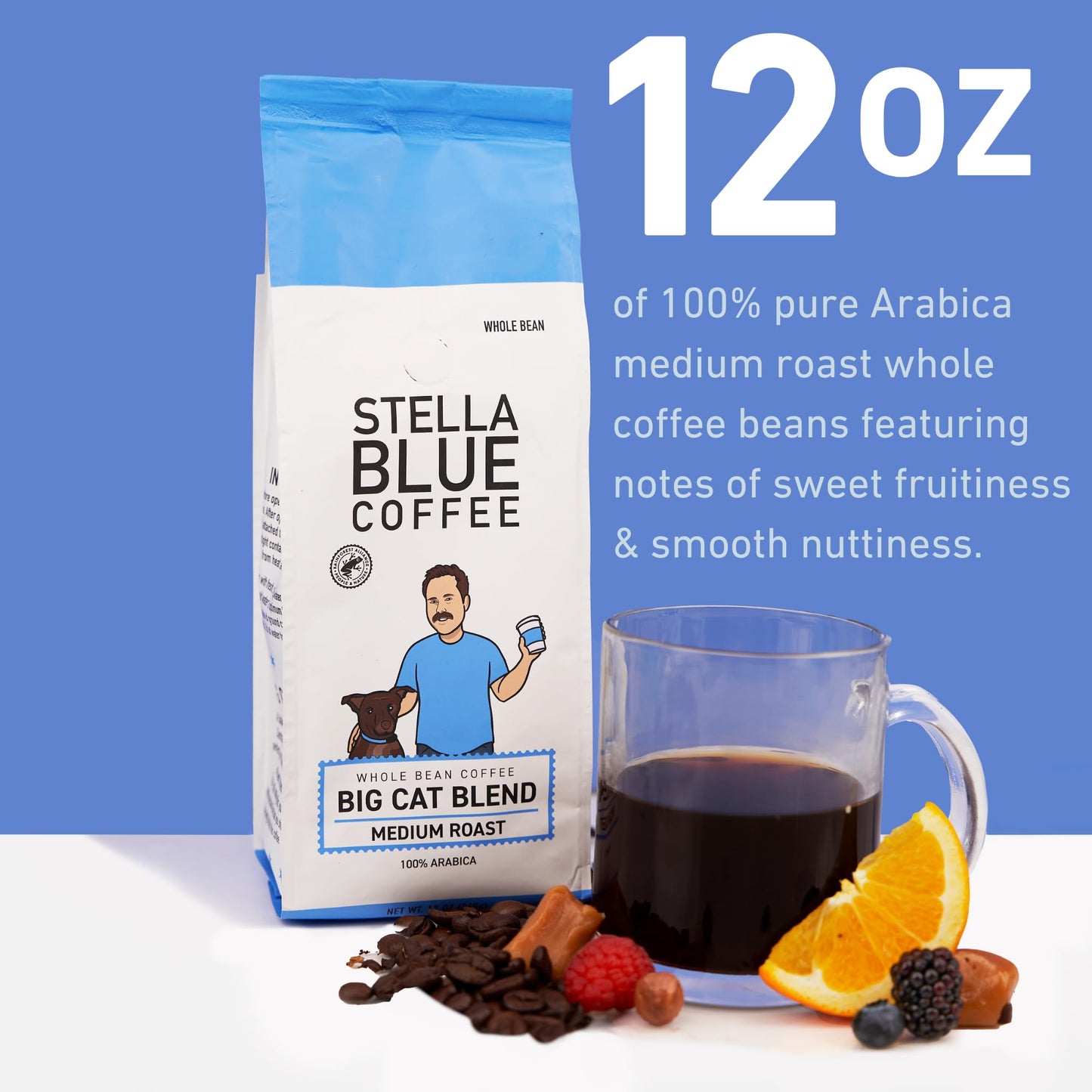 Stella Blue Fresh Whole Bean Coffee - Big Cat Blend - 100% Arabica Medium Roast - Ethically & Sustainably Sourced From Central A