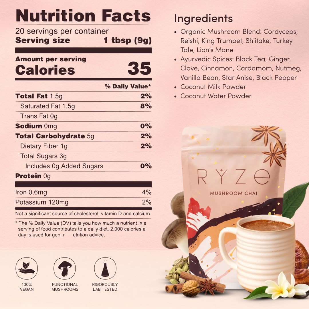 RYZE SUPERFOODS Mushroom Chai with 6 Organic Adaptogenic Mushrooms for Better Energy, Focus, Digestion, Immunity with USA Grown