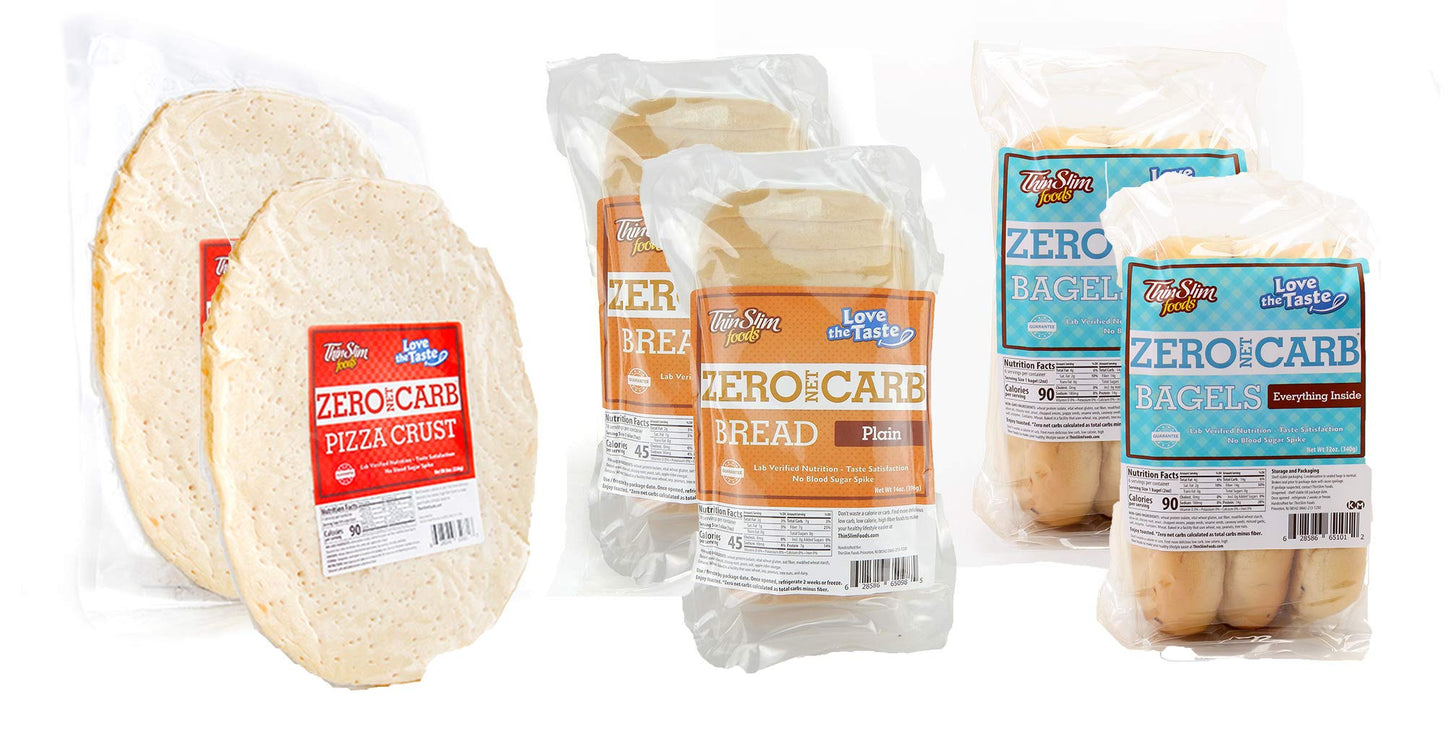Thinslim Foods Zero Net Carb Keto Bread | Low Carb Bread | Plain (Pack Of 2) + Everything Bagel 6Pack (Pack Of 2) + Pizza Crust