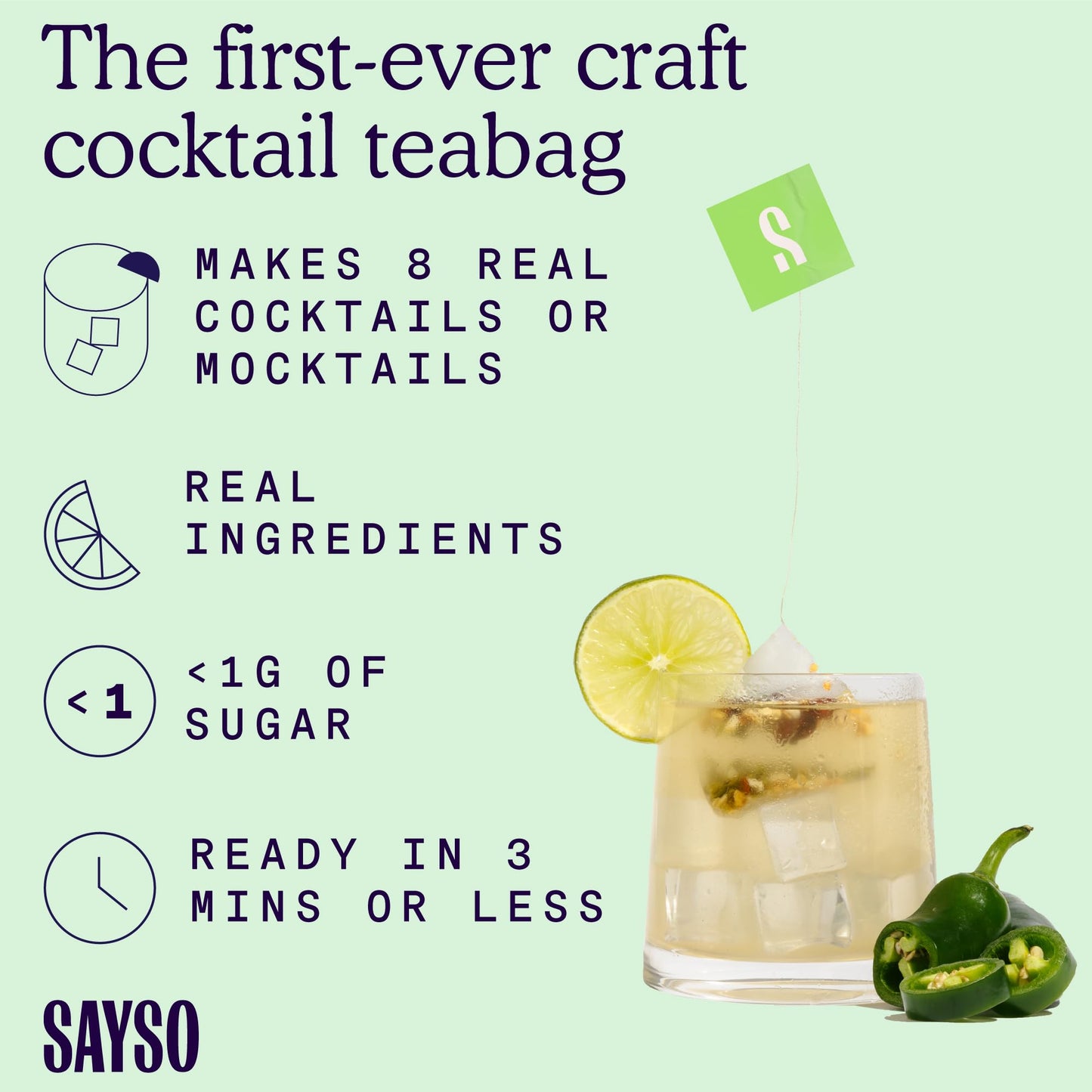 SAYSO Cocktail Tea Bags - Instant Skinny Spicy Margarita Mix - All Natural, Low Calorie, Low Sugar, No Hot Water Needed