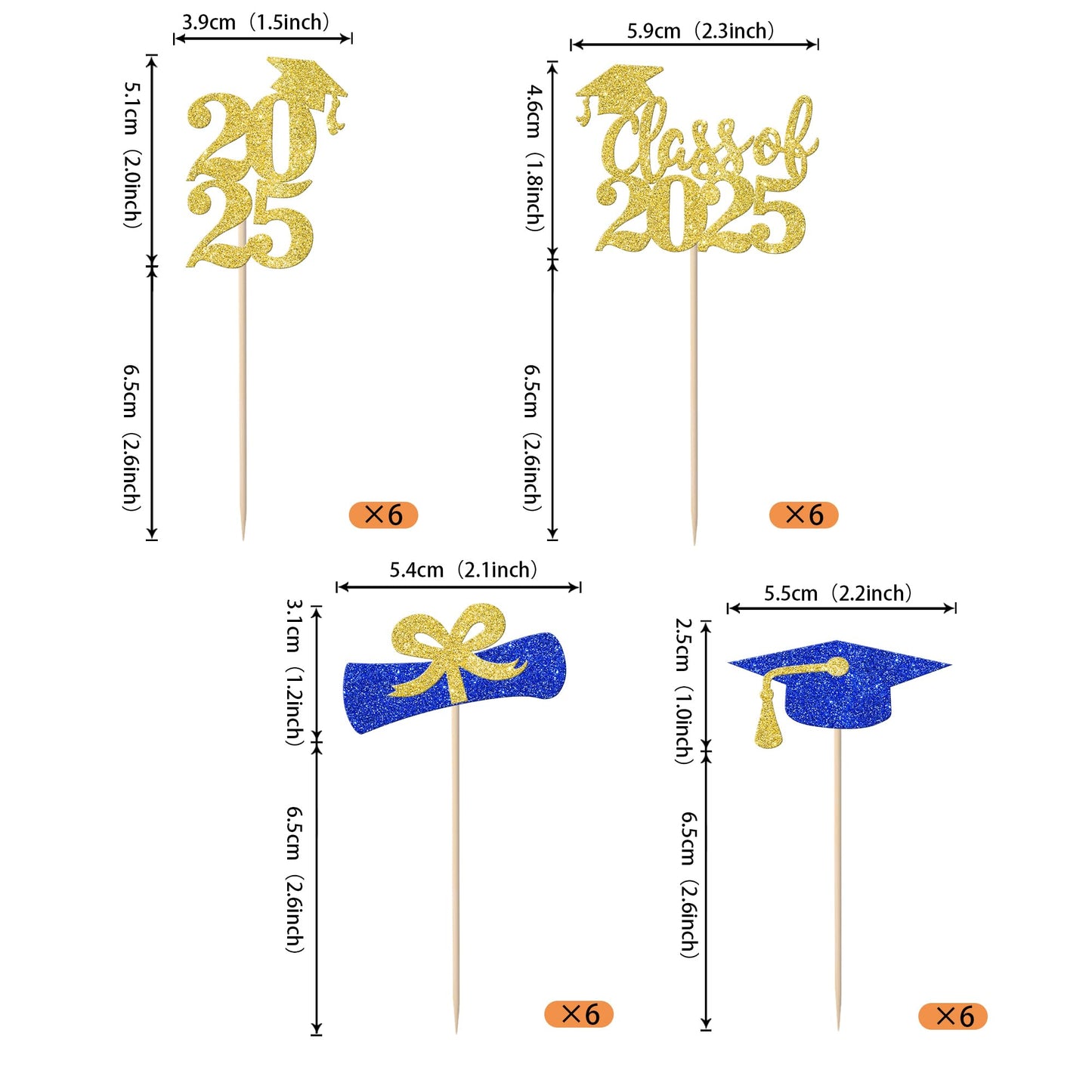 YCTHUNFISH 24 Pack Cupcake Toppers Graduation Theme Gold Blue Glitter 2025 Diploma Grad Cap Decorations