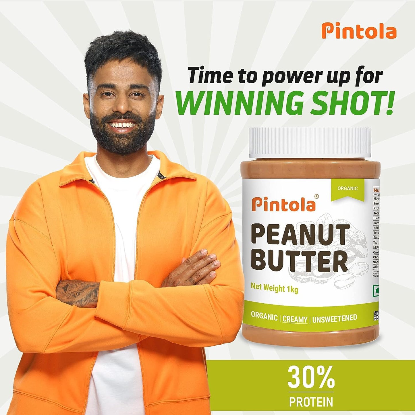Pintola Organic Unsweetened Peanut Butter, Creamy 1kg - High Protein 30g, 9g Fiber, No Sugar, No Preservatives, Ideal for Weight Management