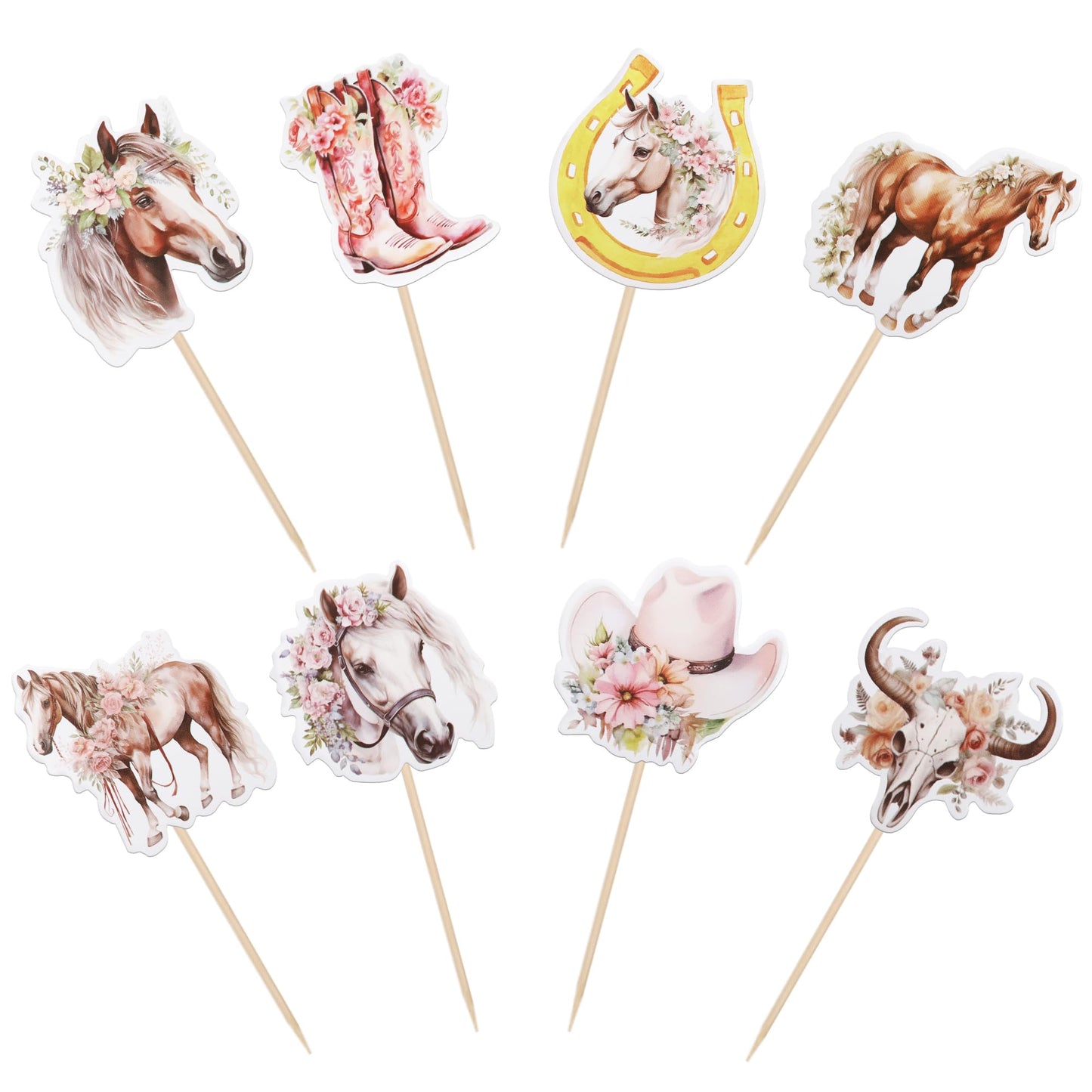 40 Pcs Horse Cupcake Toppers Floral Horse Western Cowgirl Cupcake Picks Horseshoe Hat Boots Cowgirl Birthday Cake Decorations Fo