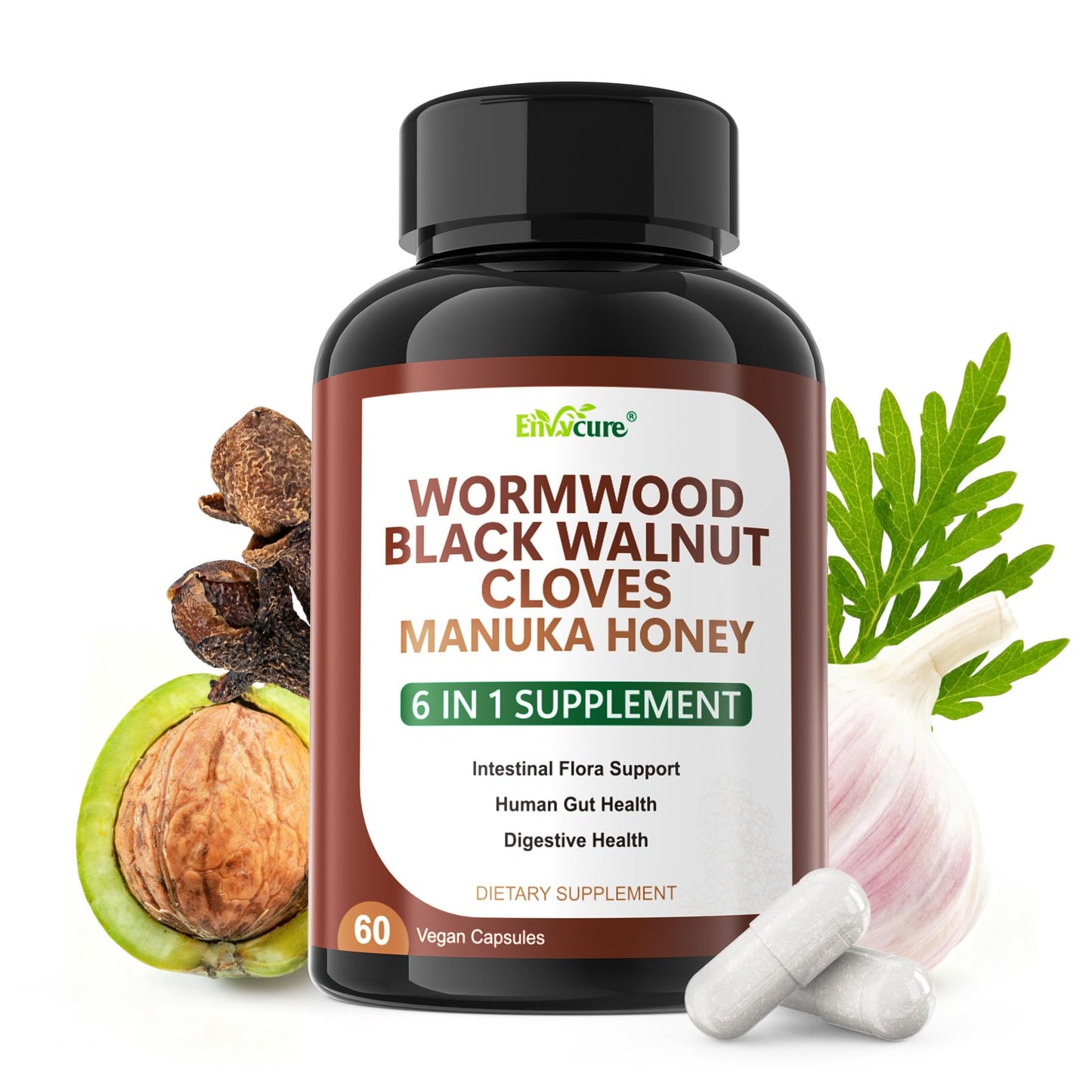 Envysupports Wellness 6-In-1 Wormwood Black Walnut Clove Units | Rapid Gut Cleanse & Digestive Health | Cleanse  Detox  Intestinal Guard Formula Dietary Support For Humans  Vegan  60 Counts