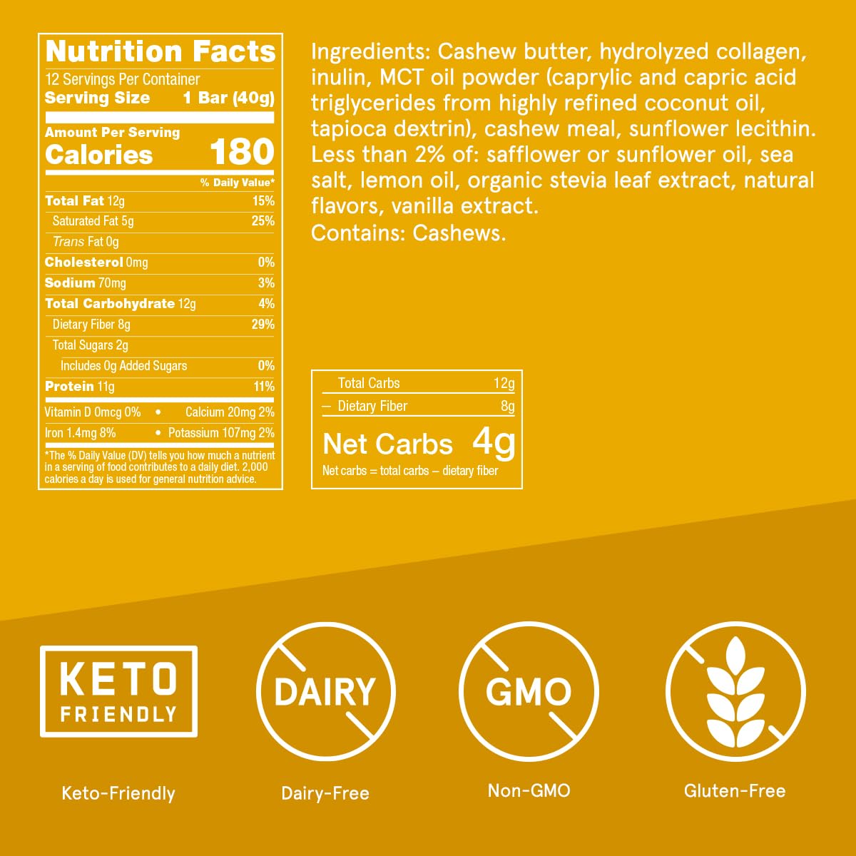 Bulletproof Lemon Cookie Collagen Protein Bars, Pack of 12, Keto-Friendly Snack with MCT Oil, Grass-fed Collagen, No Added Sugar