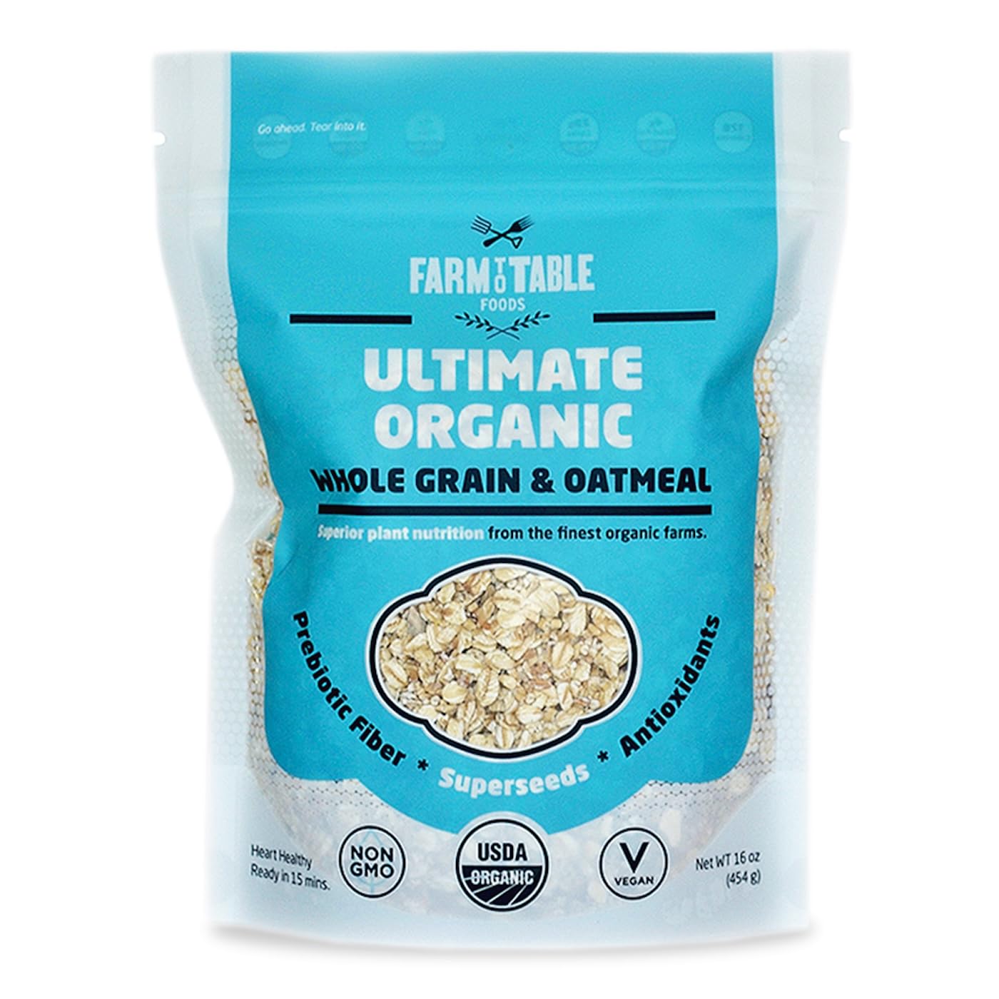 Farm To Table Foods Ultimate Organic Whole Grain Oatmeal - High Protein  Plant Based  Non-Gmo - 1 Pack (16 Oz. Bag)