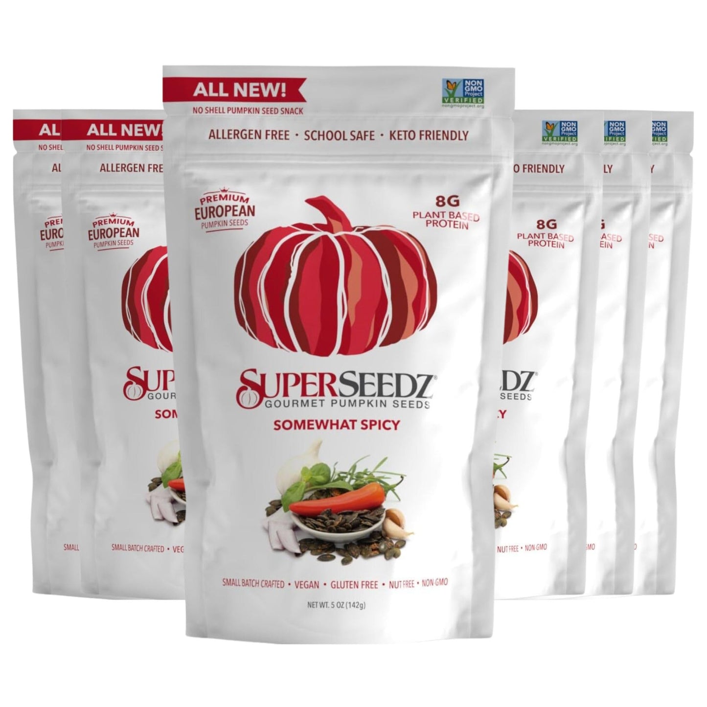 SuperSeedz Dry Roasted Pumpkin Seeds - Somewhat Spicy Pepitas, 5oz (Pack of 6), Vegan, Gluten Free, Dairy Free, Nut Free