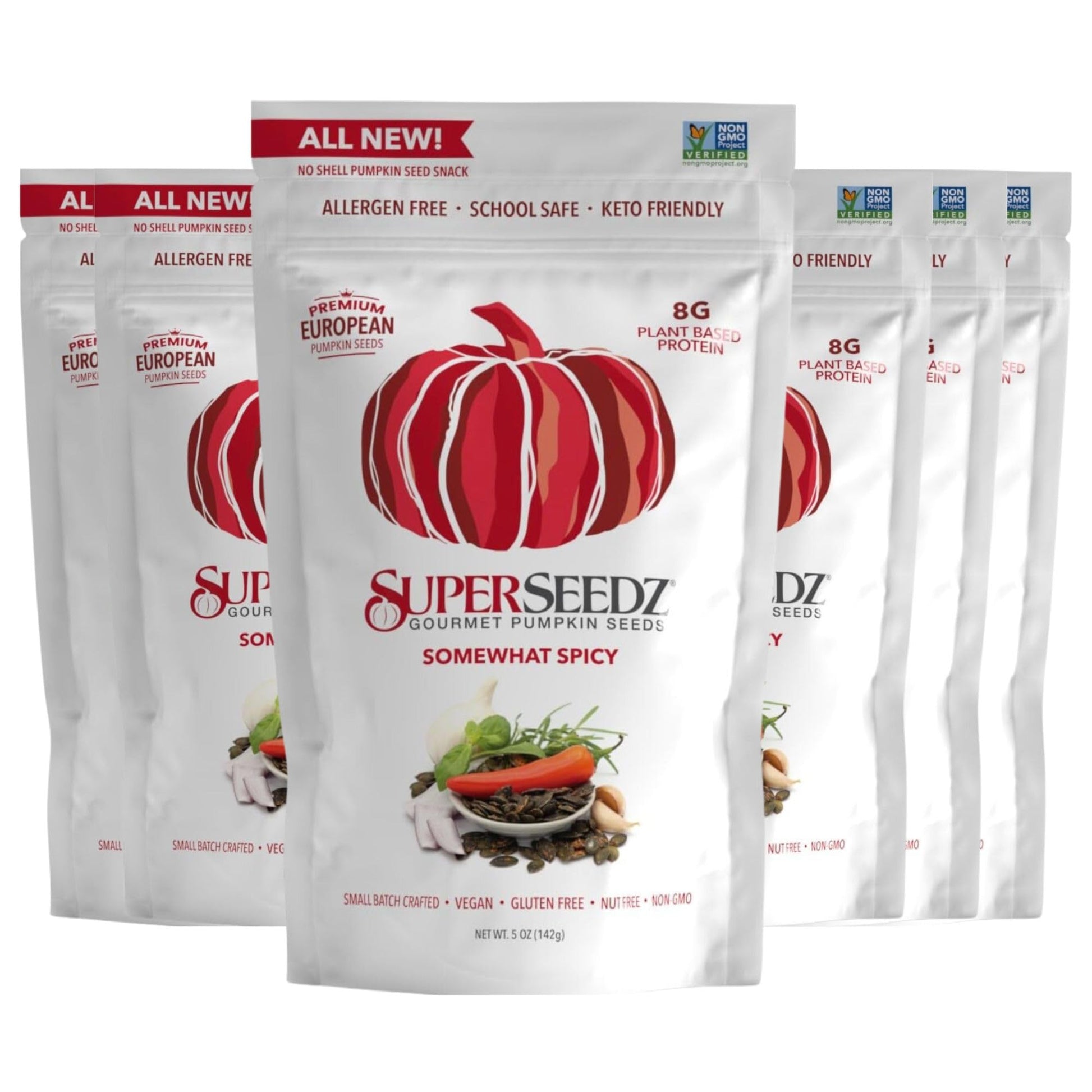 SuperSeedz Dry Roasted Pumpkin Seeds - Somewhat Spicy Pepitas, 5oz (Pack of 6), Vegan, Gluten Free, Dairy Free, Nut Free