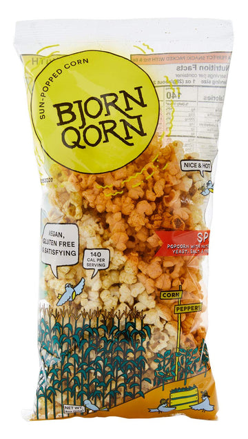 BjornQorn Spicy 12-Pack Popcorn - Vegan & Gluten-Free - Cheesy, Spicy, Umami - (12 3oz bags)