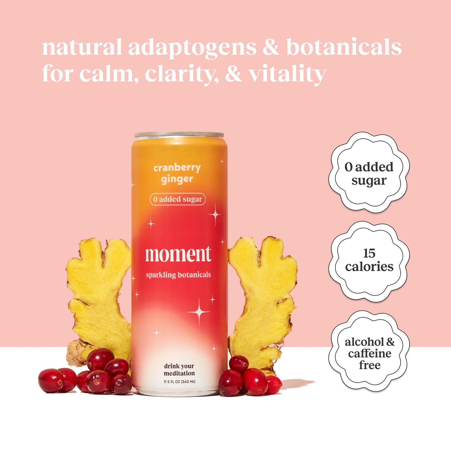 Drink Your Meditation Moment Botanical Soda - Sparkling Cranberry Ginger, Non-  ic, 11.5 Fl Oz, 12-Pack