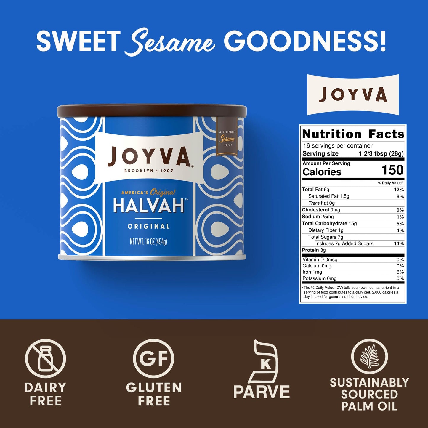 Joyva Halvah Original – Delicious Dairy-Free Sesame Treat, 16oz, Gluten-Free & Kosher Parve, Handcrafted in Brooklyn