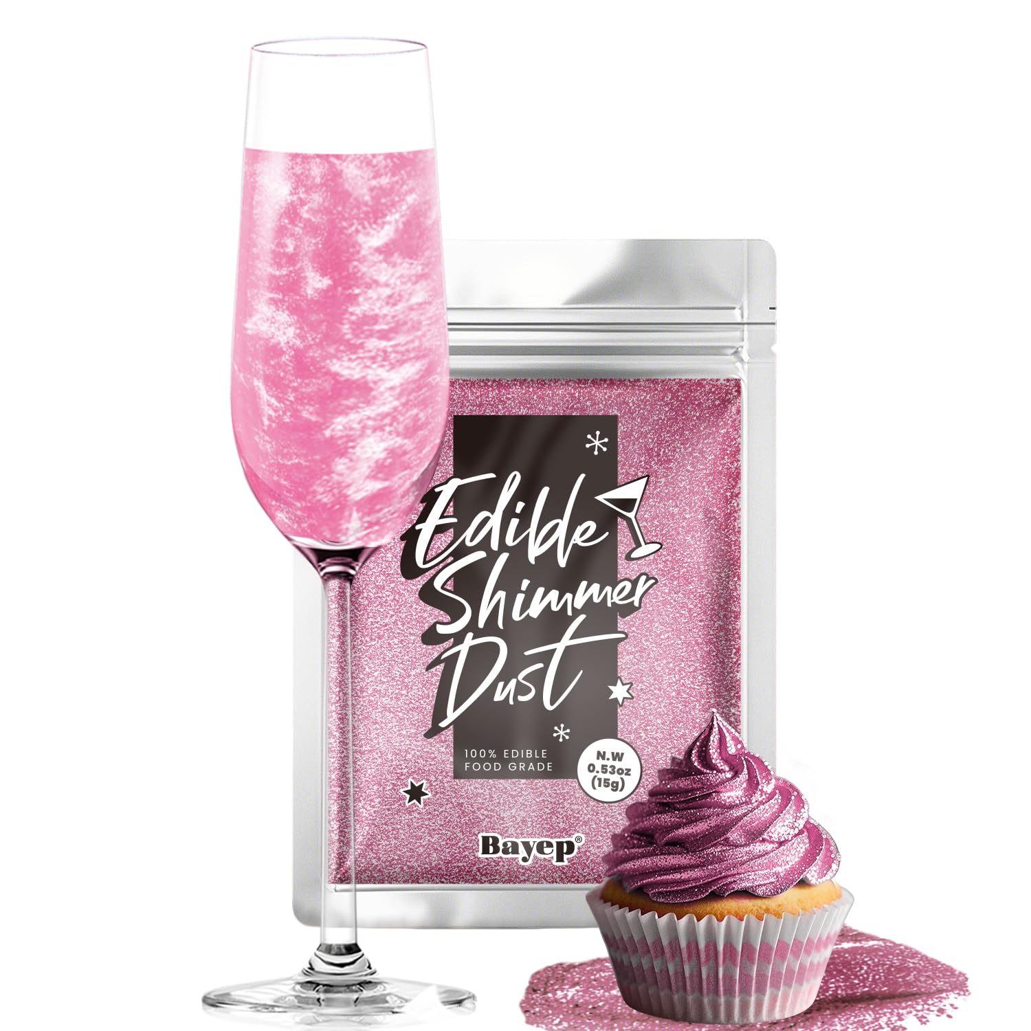 Pink Edible Glitter for Cocktails Easter Luster Dust Cake Glitter 15g Food Grade Drinks Shimmer Powdered for Cake Cupcake Fondan