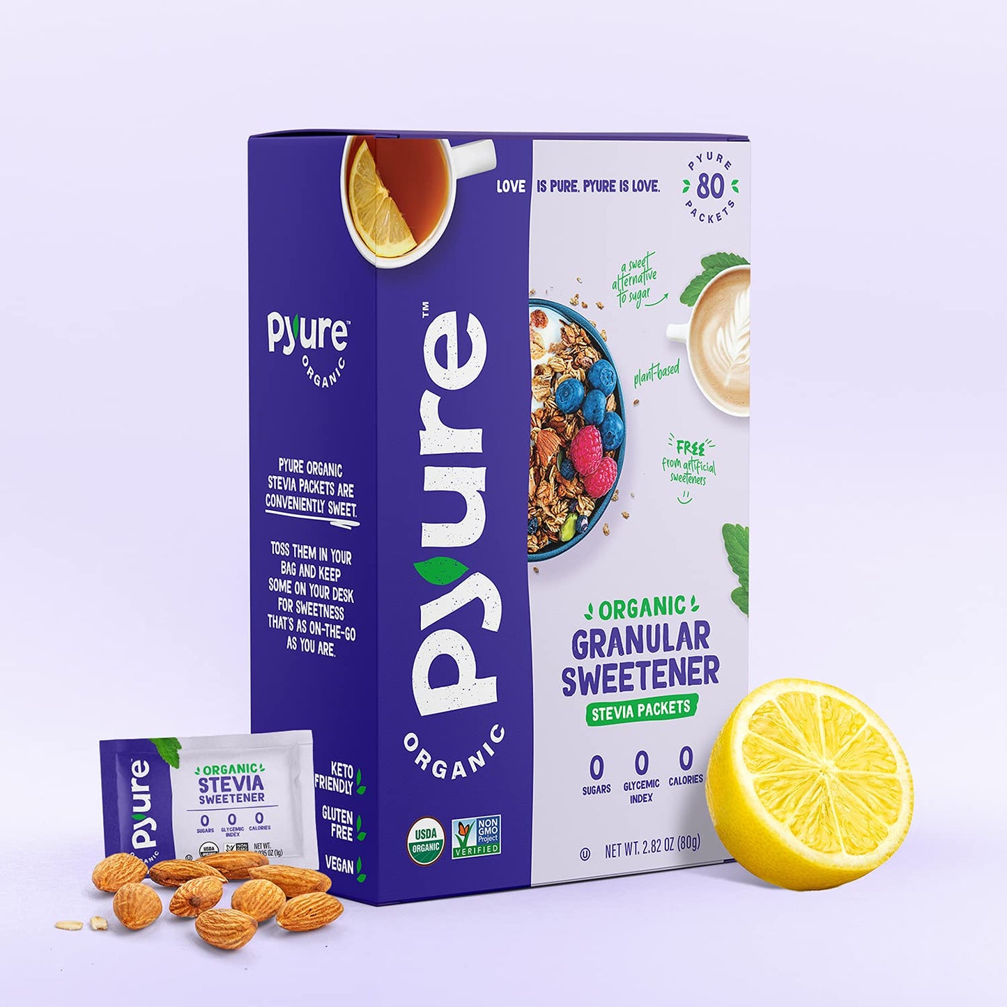 Pyure Organic Stevia Packets  Granulated Sugar Packets - White Sugar Substitute  Zero Carb, Zero Sugar, Zero Calorie Sweetener P