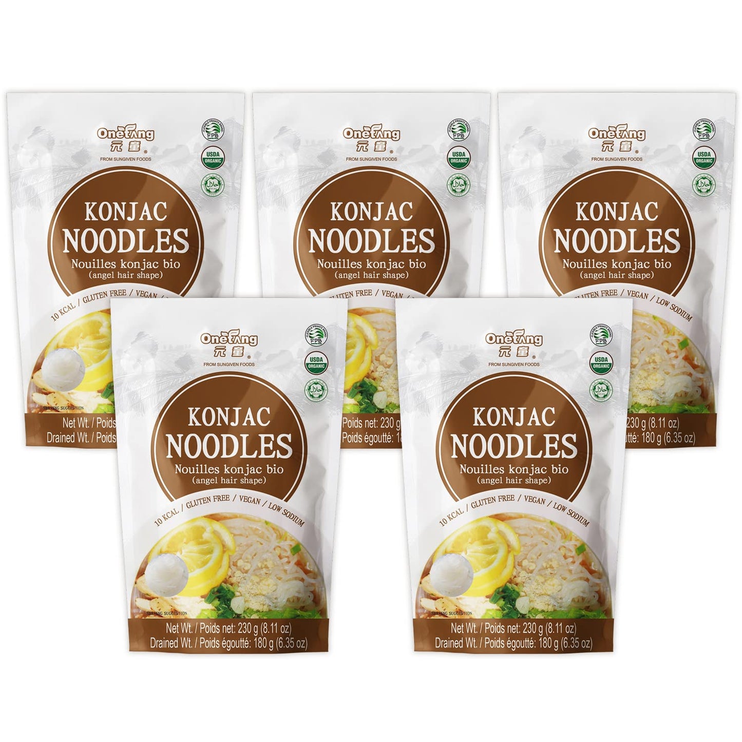 ONETANG Organic Shirataki Konjac Angel Hair Noodles, USDA Organic, Vegan, Gluten Free, Fat Free, Keto Friendly, Low Carbs 5 Pack
