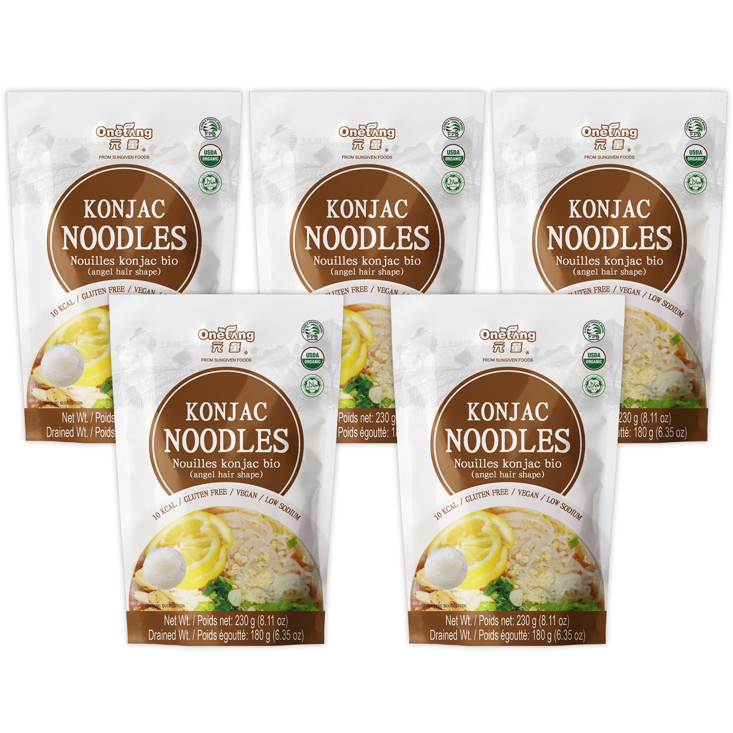 ONETANG Organic Shirataki Konjac Angel Hair Noodles, USDA Organic, Vegan, Gluten Free, Fat Free, Keto Friendly, Low Carbs 5 Pack