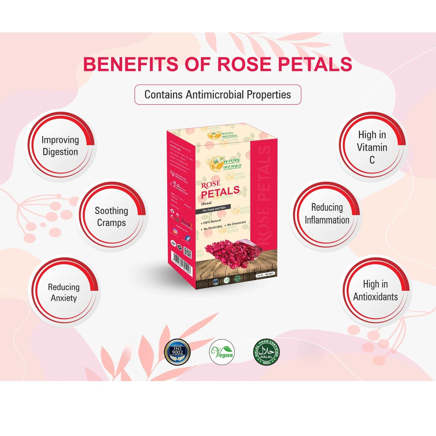 Herbs Botanica Dried Rose Petals, Edible, Non-Toxic, 3.5 oz, Resealable Bag