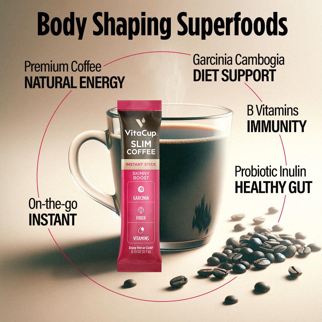 Vitacup Slim Instant Coffee Packets, With Garcinia, Fiber, B Vitamins, Bold & Smooth, Medium Dark Roast, 100% Arabica Coffee In