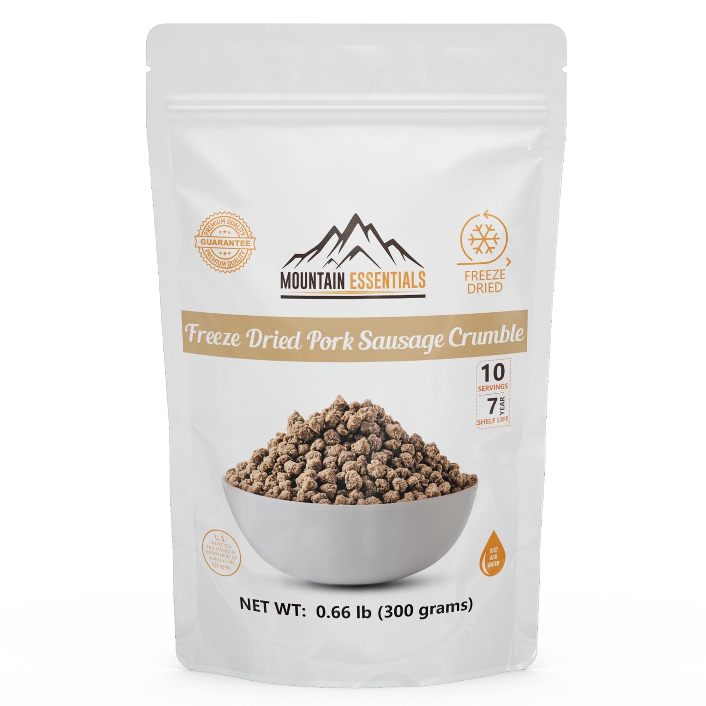 Mountain Essentials Freeze-Dried Pork Sausage Crumble – Fully Cooked & Ready To Eat | Traditional Flavor | Enhanced Quality Everyday Meals, Camping & Emergency Survival Food | 10 Servings | Made In Usa | 7-Year Shelf Life