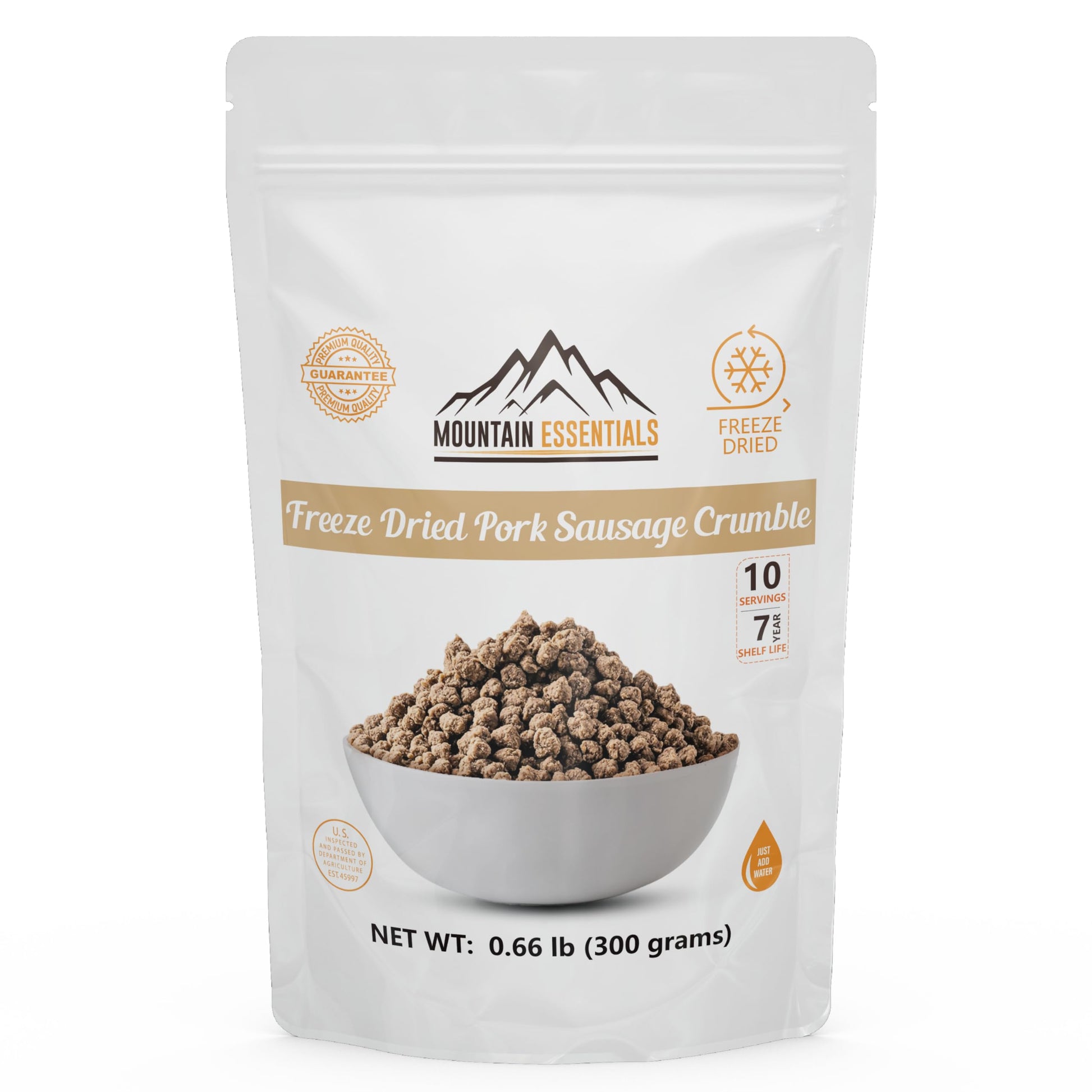 Mountain Essentials Freeze-Dried Pork Sausage Crumble – Fully Cooked & Ready To Eat | Traditional Flavor | Enhanced Quality Everyday Meals, Camping & Emergency Survival Food | 10 Servings | Made In Usa | 7-Year Shelf Life