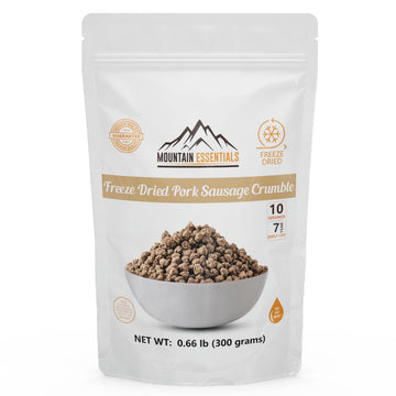 Mountain Essentials Freeze-Dried Pork Sausage Crumble – Fully Cooked & Ready To Eat | Traditional Flavor | Enhanced Quality Everyday Meals, Camping & Emergency Survival Food | 10 Servings | Made In Usa | 7-Year Shelf Life