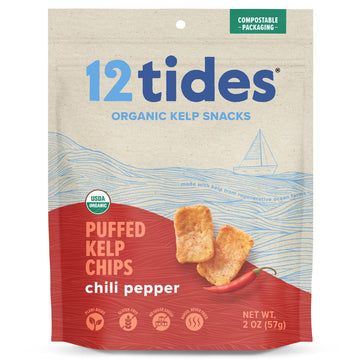 12 Tides Organic Puffed Kelp Chips - Plant Based, Non-Gmo, Gluten Free, No Added Sugar, Ocean-Friendly Snacks (Chili Pepper)