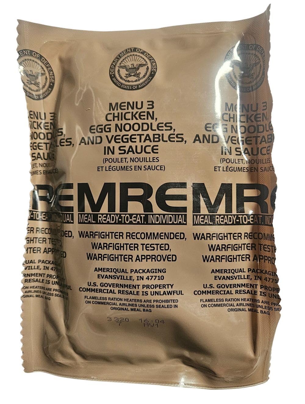 EPIDEMIC PROOF Genuine USGI MRE Meal Ready to Eat, Chicken Noodle, 1.5 lbs, Inspection Date 01/2026 or Newer, New Packaging