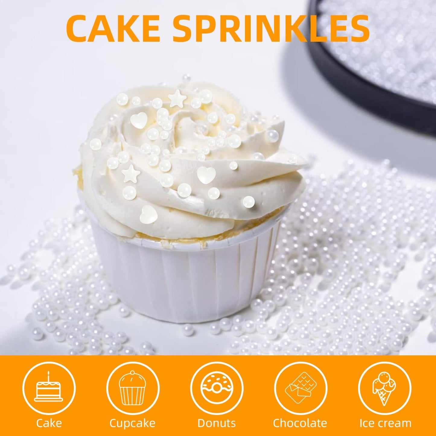 Kasvan White Pearl Sugar Sprinkles, 6 Sizes Mix For Cake Decorating, 230G/8.1Oz, Ice Cream Toppings And Cookie Decorating, Weddi