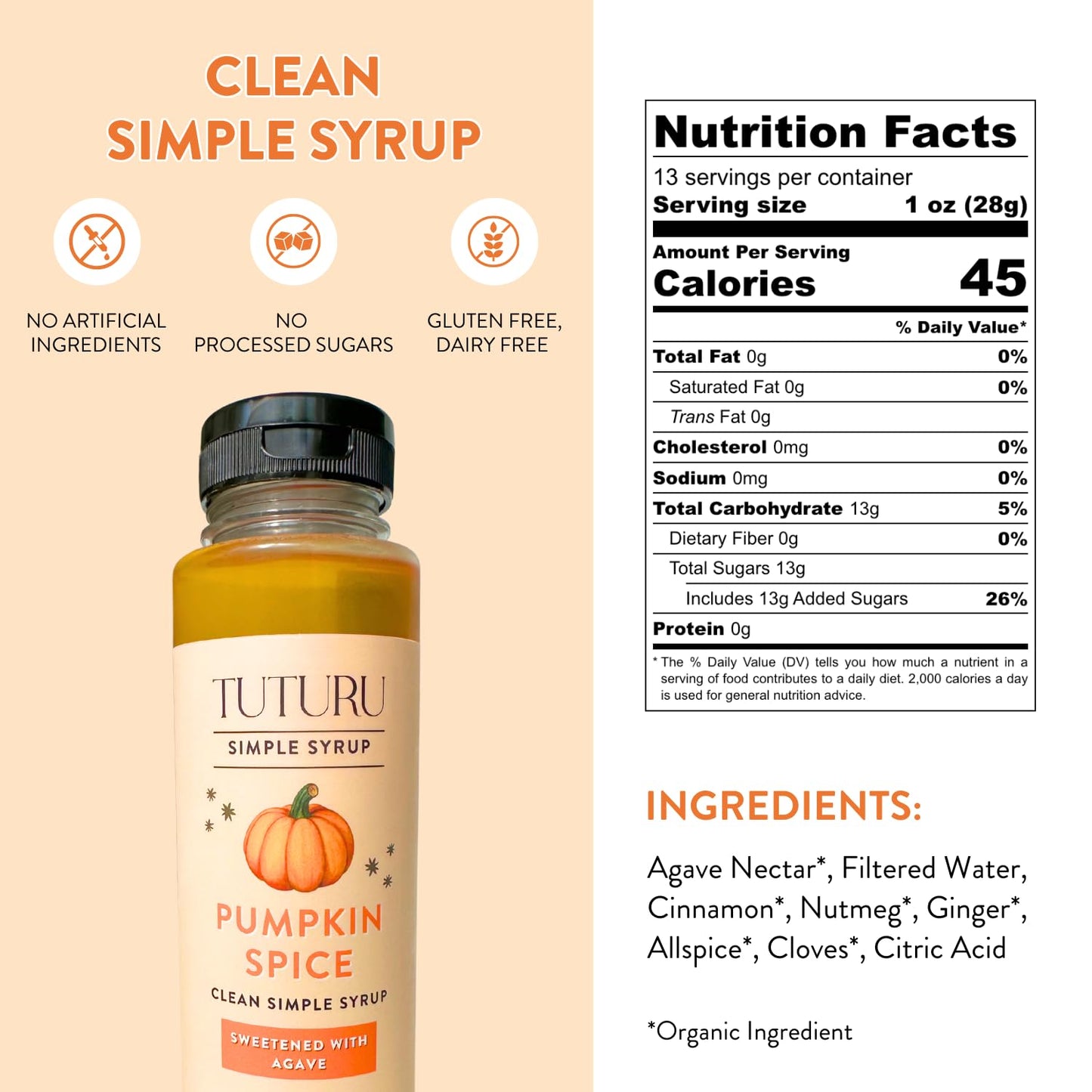 Pumpkin Spice Agave Simple Syrup for Coffee  Cocktails  Matcha - Sweetened with Agave Nectar - Infused with Real Pumpkin Spices - 13.5 oz