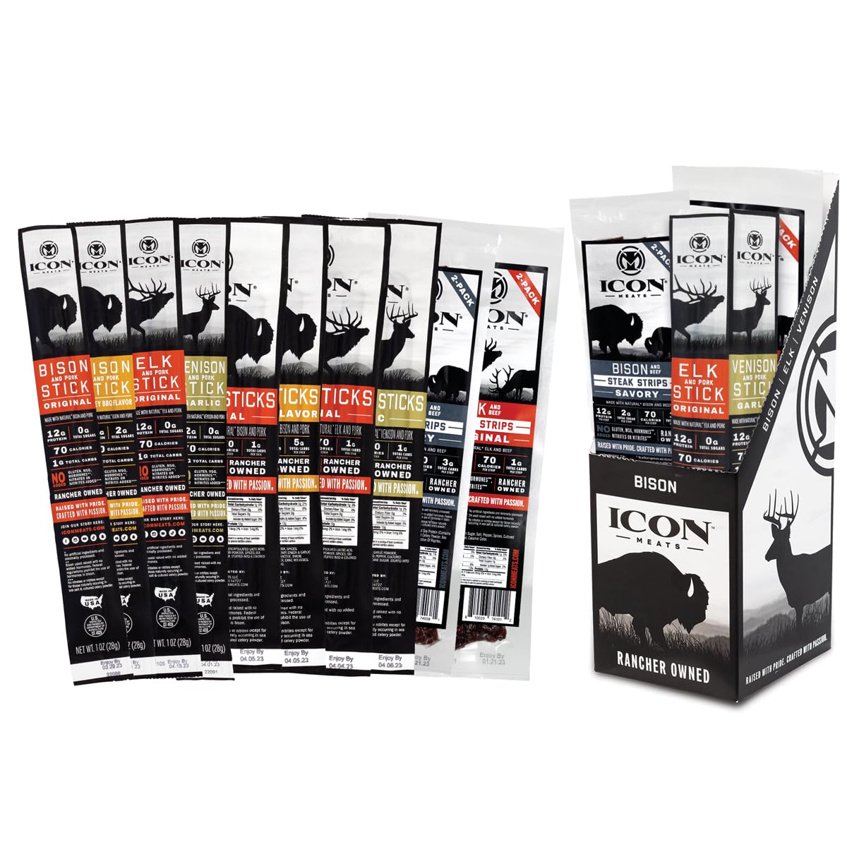 Icon Meat Stick And Steak Strip Sampler Gift Box - 10 Snacks Per Box - Assorted Flavors Of Bison, Elk, Venison, Beef And Pork Je