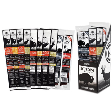 Icon Meat Stick And Steak Strip Sampler Gift Box - 10 Snacks Per Box - Assorted Flavors Of Bison, Elk, Venison, Beef And Pork Je